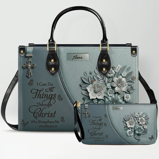 Custom Name Smoky Teal Leather Handbag | "I Can Do All Things Through Christ" Floral Design | CHRISTIANARTBAG 01070626