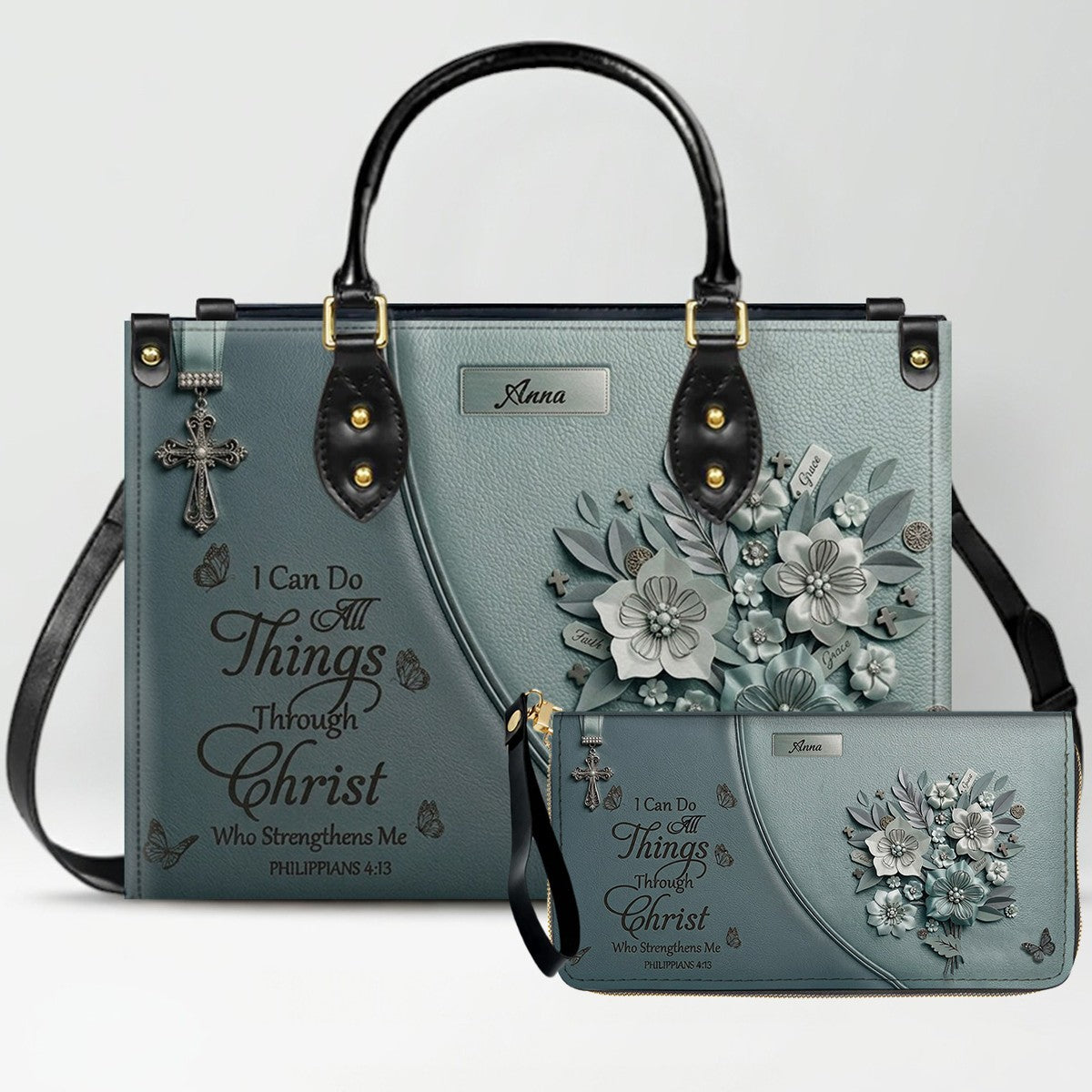 Custom Name Christian Leather Handbag by CHRISTIANARTBAG | I Can Do All Things Shoulder Bag, Religious Floral Gift for Her CAB01070126
