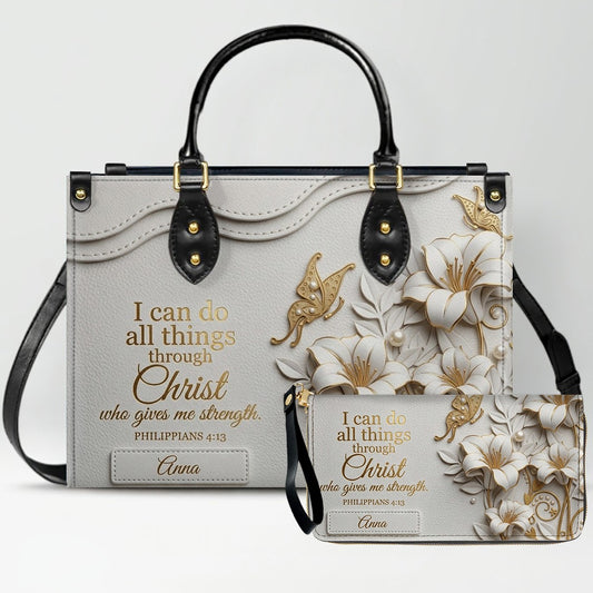 Personalized Leather Handbag - Custom Name Christian Bible Verse Philippians 4:13 Floral Butterfly Tote Bag | CHRISTIANARTBAG CA01101226