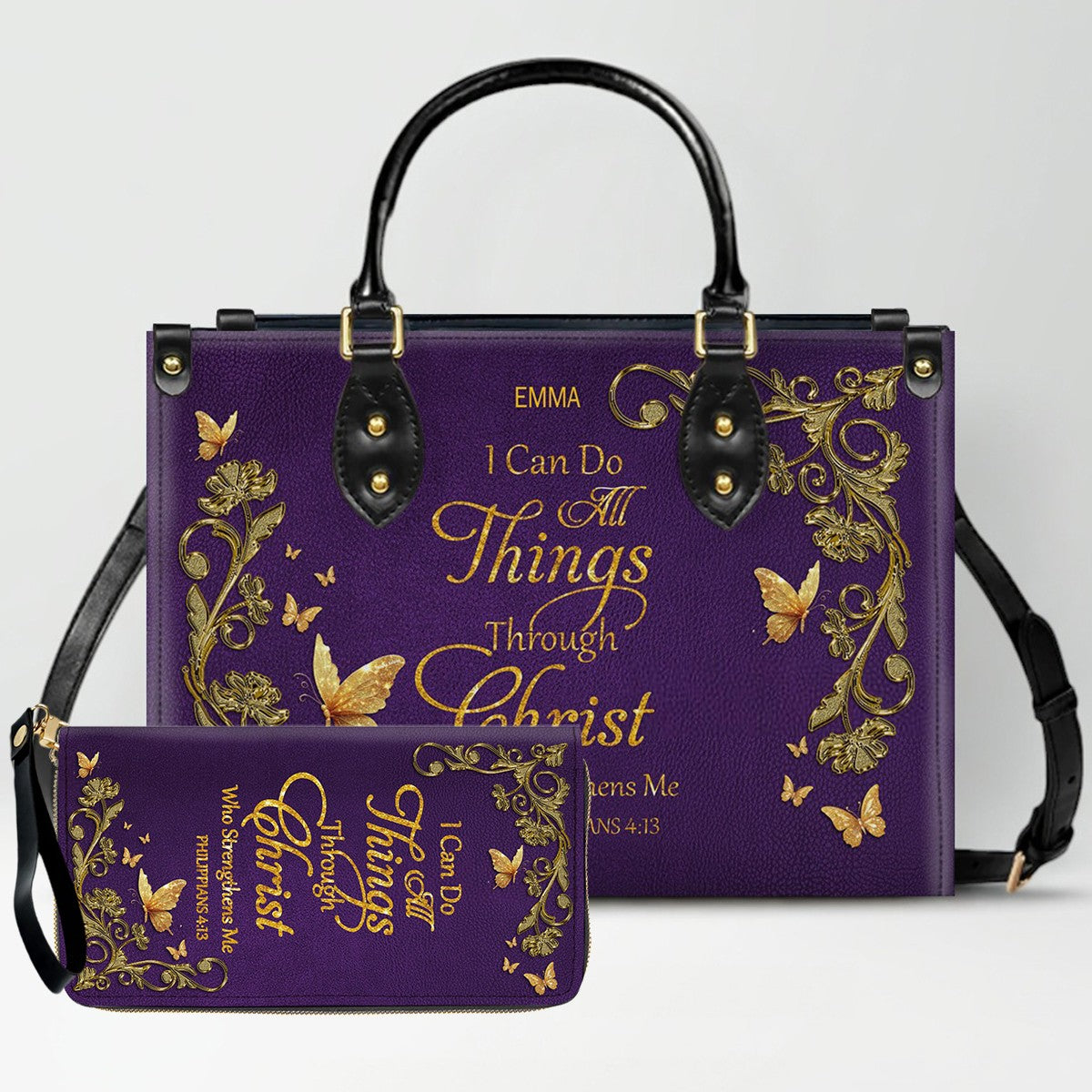 Personalized Leather Handbag with Custom Name & Bible Verse - Personalized Christian Leather Handbag & Wallet Set | CHRISTIANARTBAG™ CAB01012626