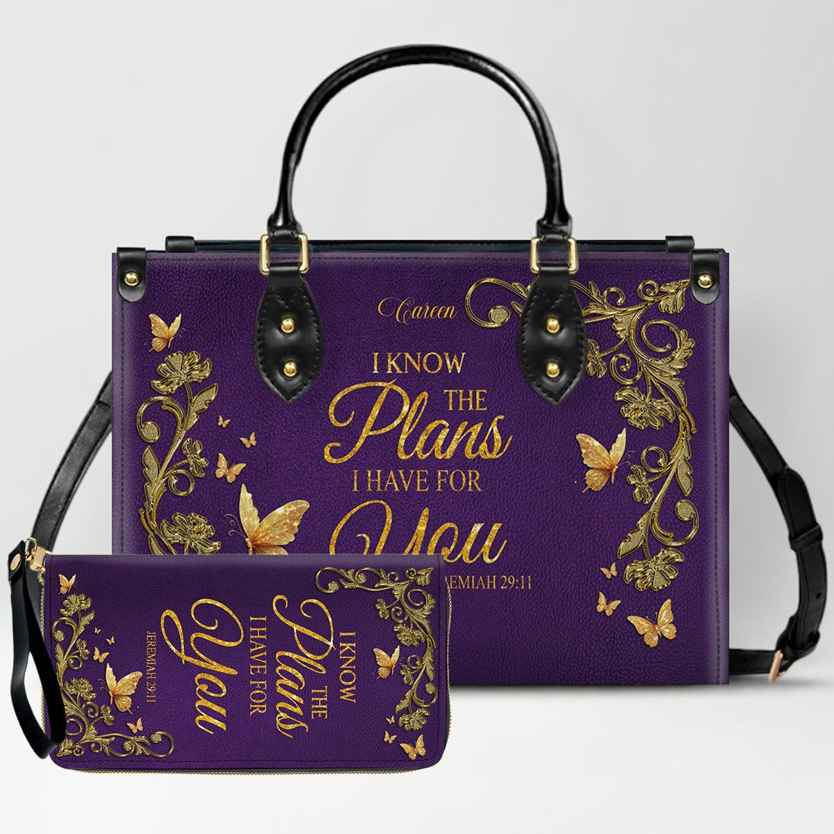 Personalized Leather Handbag with Custom Name & Bible Verse - Personalized Christian Leather Handbag & Wallet Set | CHRISTIANARTBAG™ CAB01012626