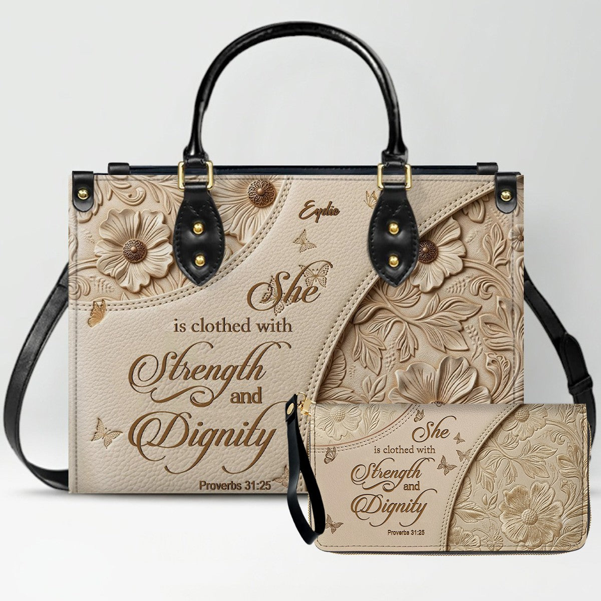 Personalized Bible Verse Leather Handbag & Wallet Set | Custom Christian Purse Set - CHRISTIANARTBAG 02080826