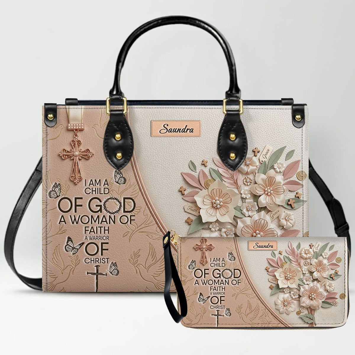 CHRISTIANARTBAG Personalized Leather Handbag and Wallet Set | Beige Custom Name Cross Purse & Long Wristlet Clutch CAB01061626