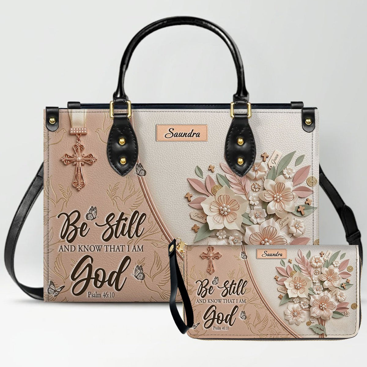 CHRISTIANARTBAG Personalized Leather Handbag and Wallet Set | Beige Custom Name Cross Purse & Long Wristlet Clutch CAB01061626