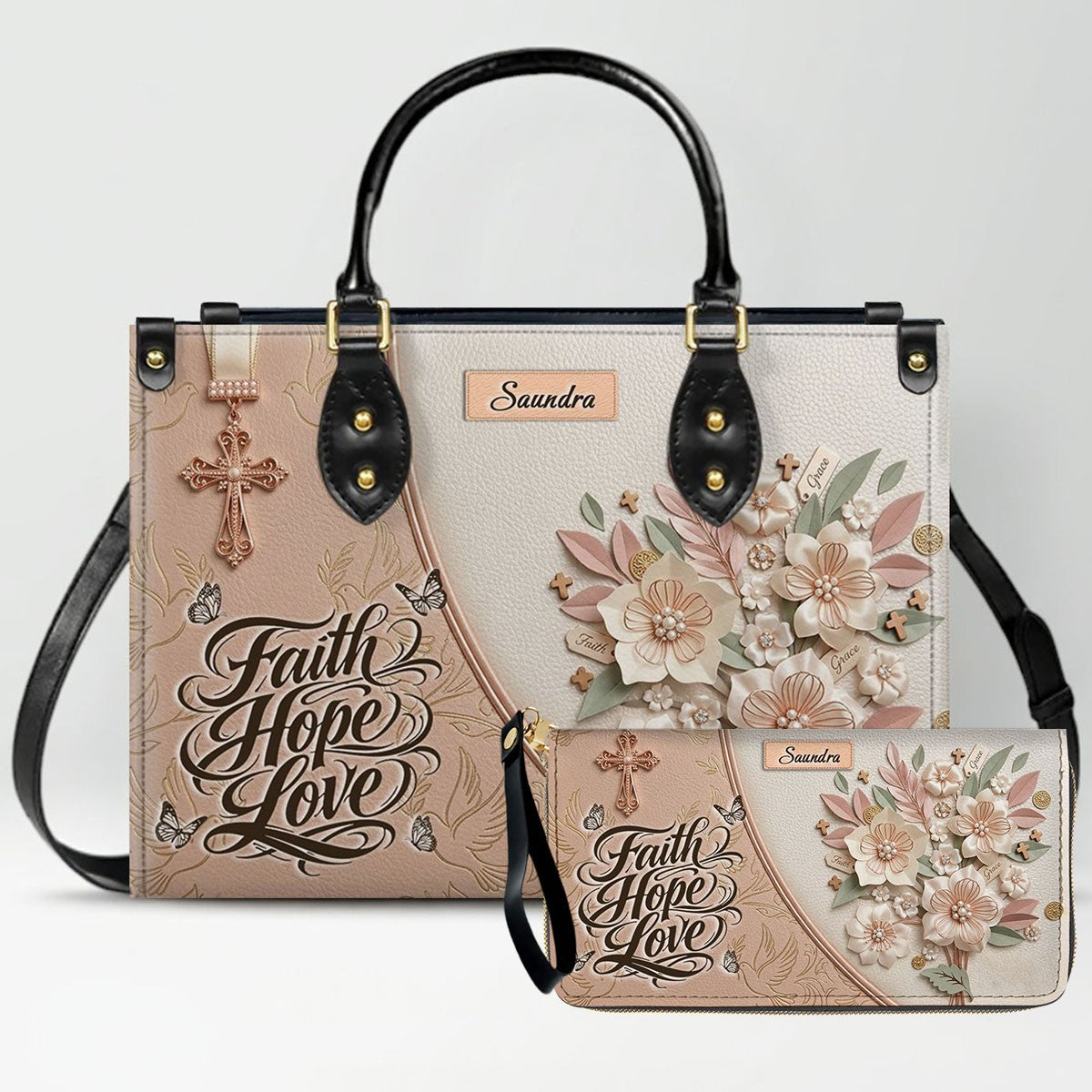 CHRISTIANARTBAG Personalized Leather Handbag and Wallet Set | Beige Custom Name Cross Purse & Long Wristlet Clutch CAB01061626