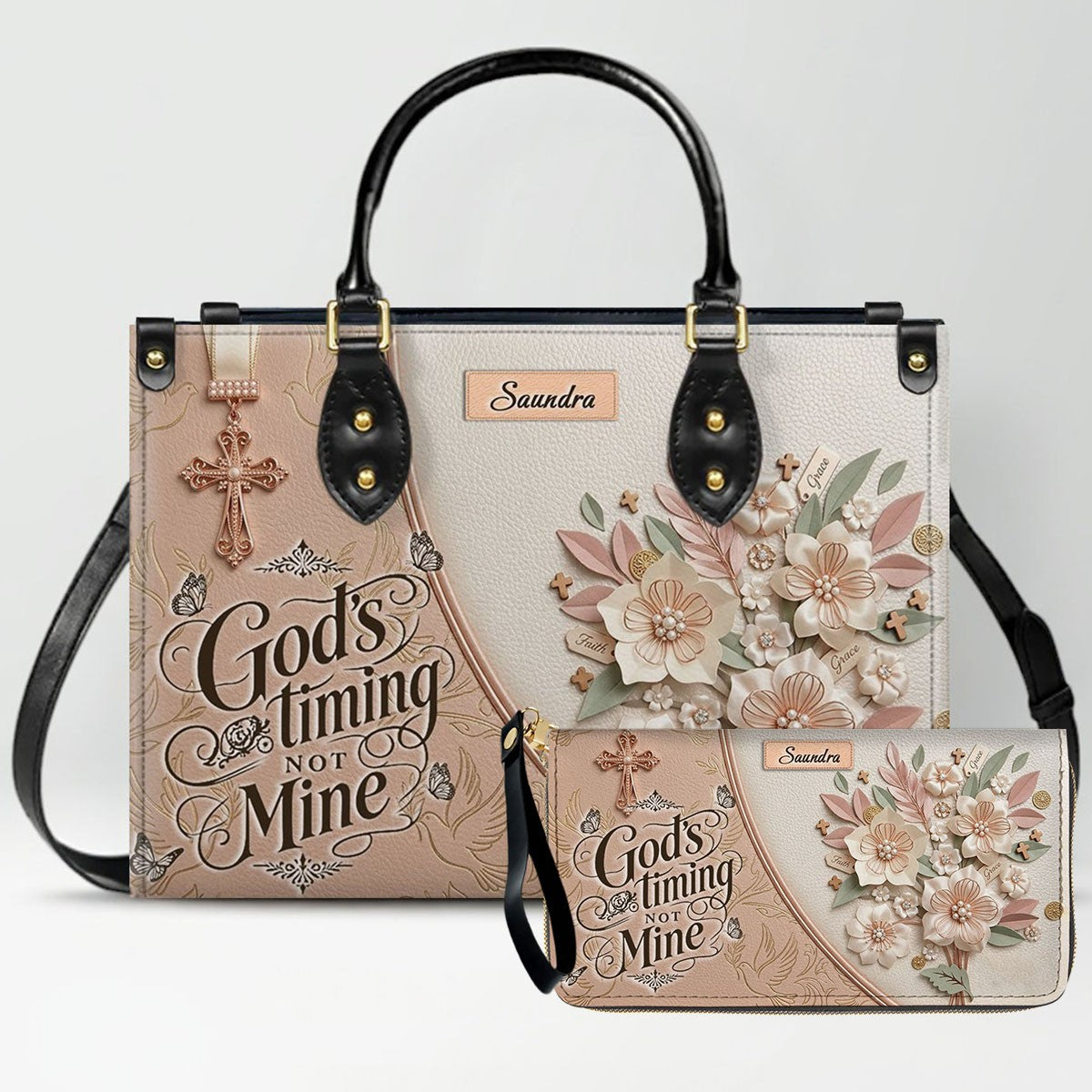 CHRISTIANARTBAG Personalized Leather Handbag and Wallet Set | Beige Custom Name Cross Purse & Long Wristlet Clutch CAB01061626