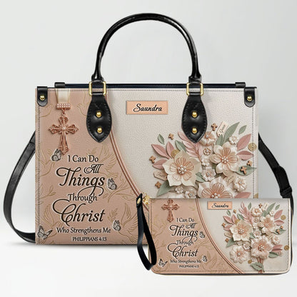 Custom Name Christian Leather Handbag by CHRISTIANARTBAG | I Can Do All Things Shoulder Bag, Religious Floral Gift for Her CAB01070126