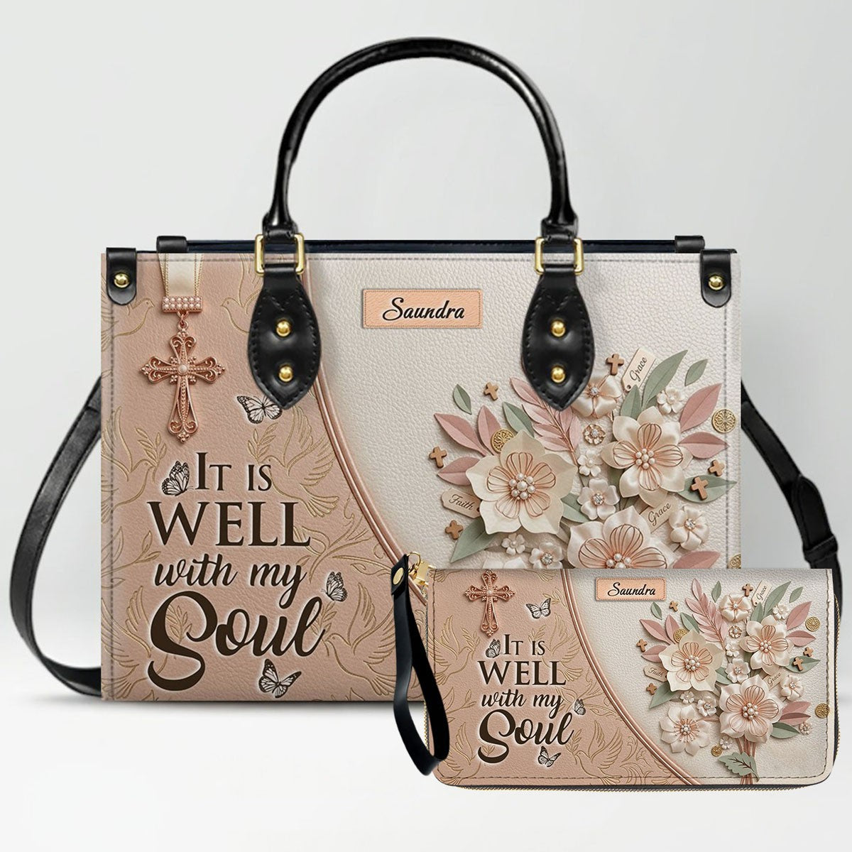 CHRISTIANARTBAG Personalized Leather Handbag and Wallet Set | Beige Custom Name Cross Purse & Long Wristlet Clutch CAB01061626