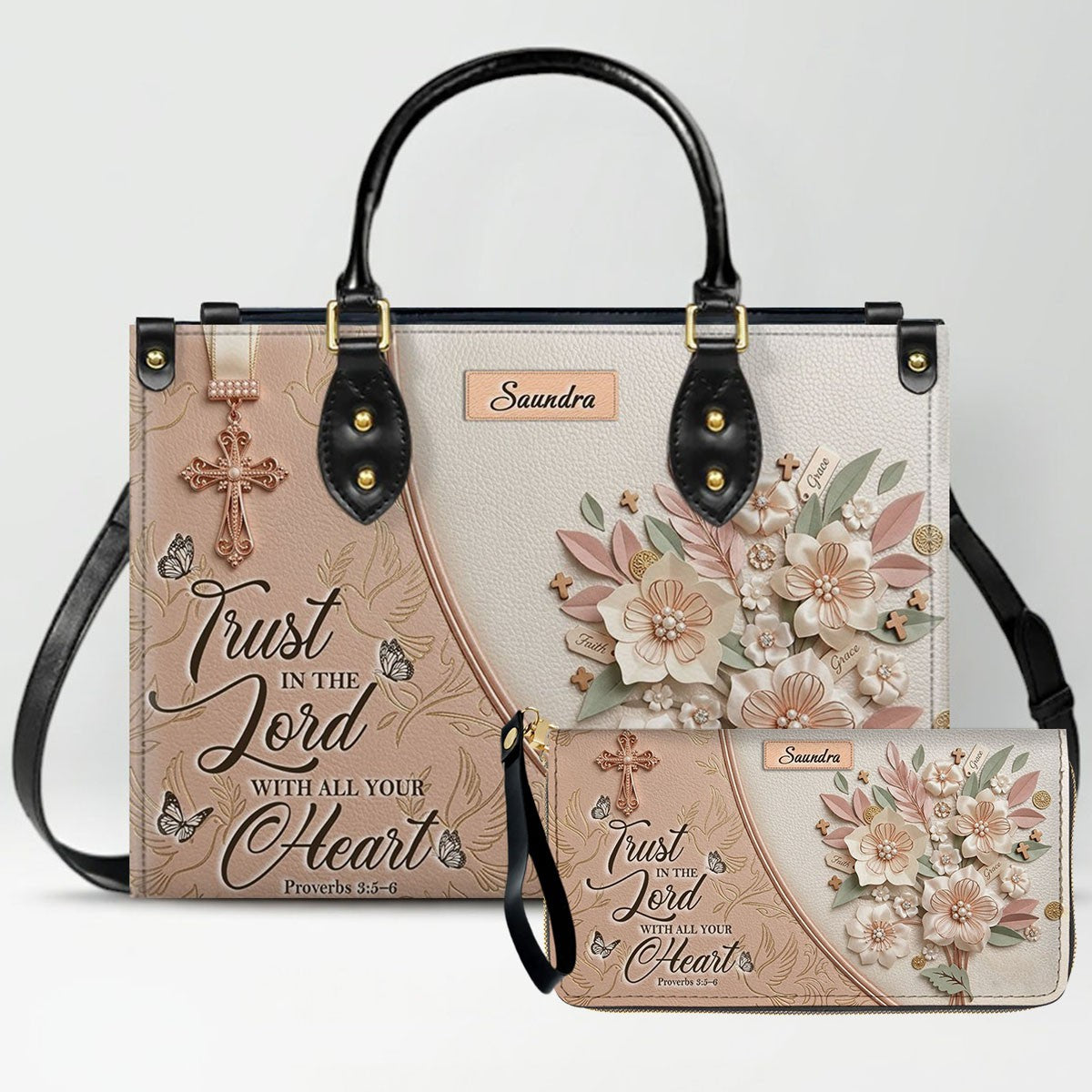 CHRISTIANARTBAG Personalized Leather Handbag and Wallet Set | Beige Custom Name Cross Purse & Long Wristlet Clutch CAB01061626