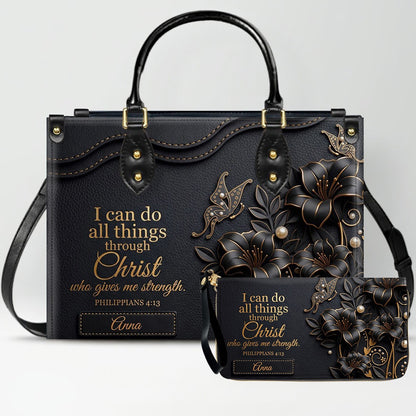 Personalized Leather Handbag - Custom Name Christian Bible Verse Philippians 4:13 Floral Butterfly Tote Bag | CHRISTIANARTBAG CA01100926