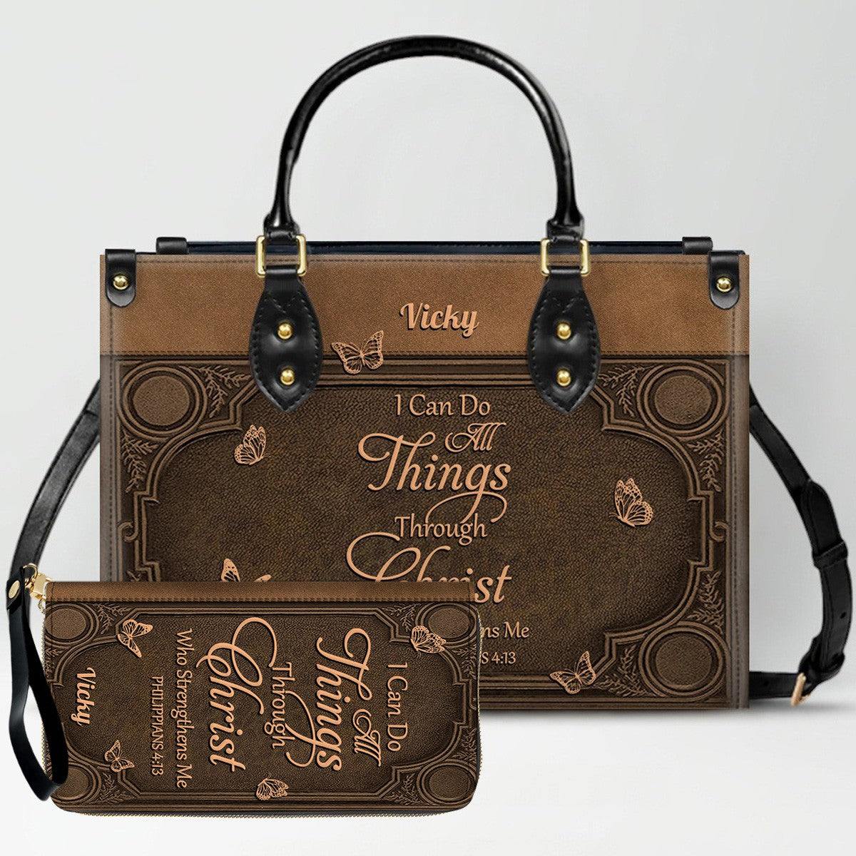 "I Can Do All Things" Inspirational Leather Bag & Wallet Set - Personalized Religious Gift - CHRISTIANARTBAG CAB0142326