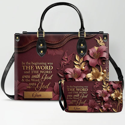 Custom Christian Leather Handbag with Name – John 1:1 Scripture Floral Purse | CHRISTIANARTBAG CA01100726