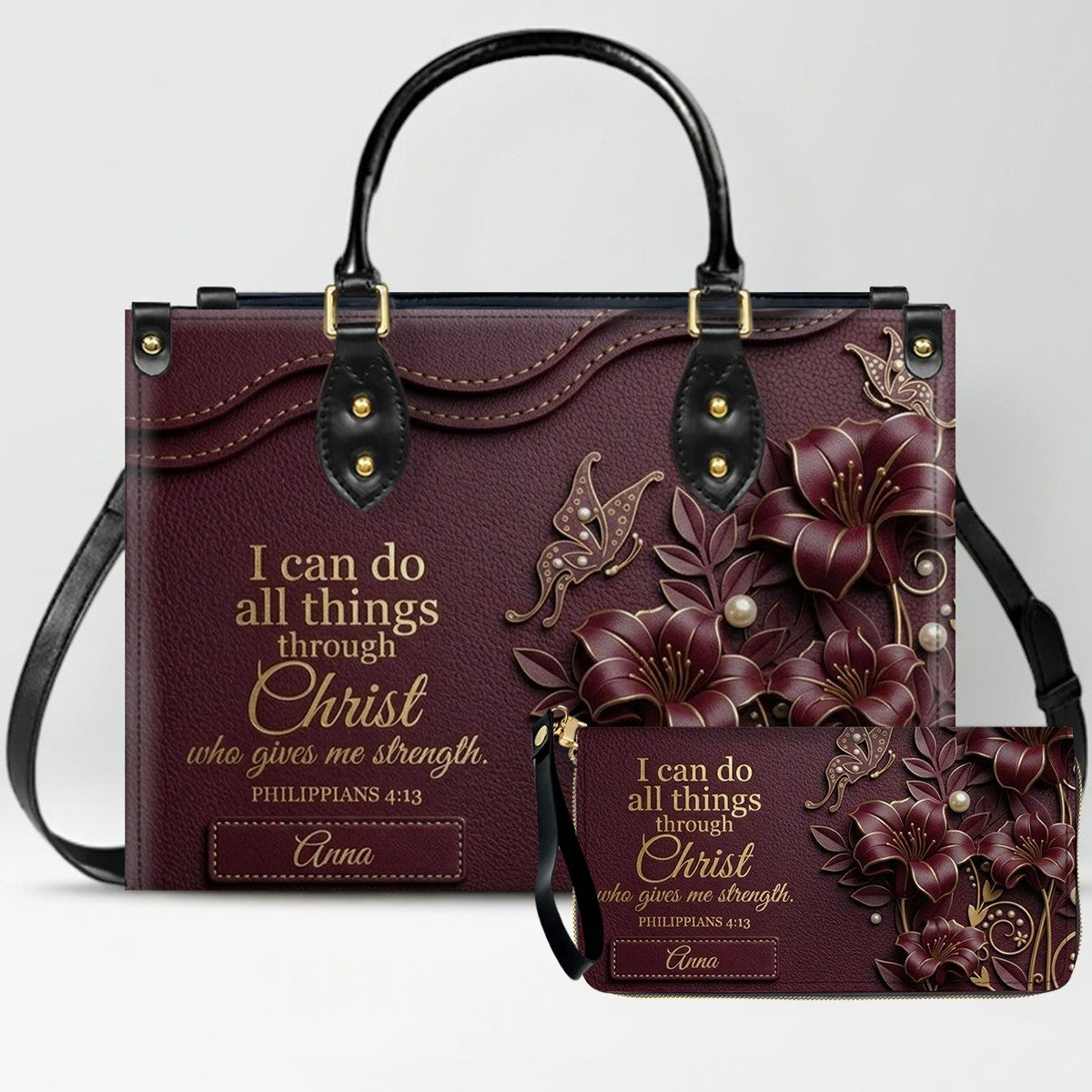 Personalized Leather Handbag - Custom Name Christian Bible Verse Philippians 4:13 Floral Butterfly Tote Bag | CHRISTIANARTBAG CA01101826
