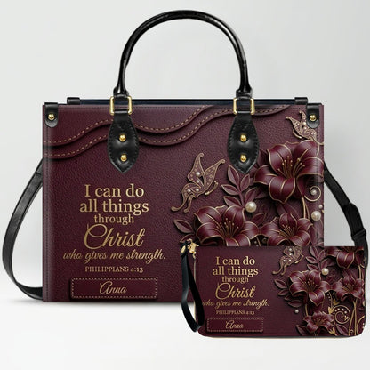 Personalized Leather Handbag - Custom Name Christian Bible Verse Philippians 4:13 Floral Butterfly Tote Bag | CHRISTIANARTBAG CA01101826