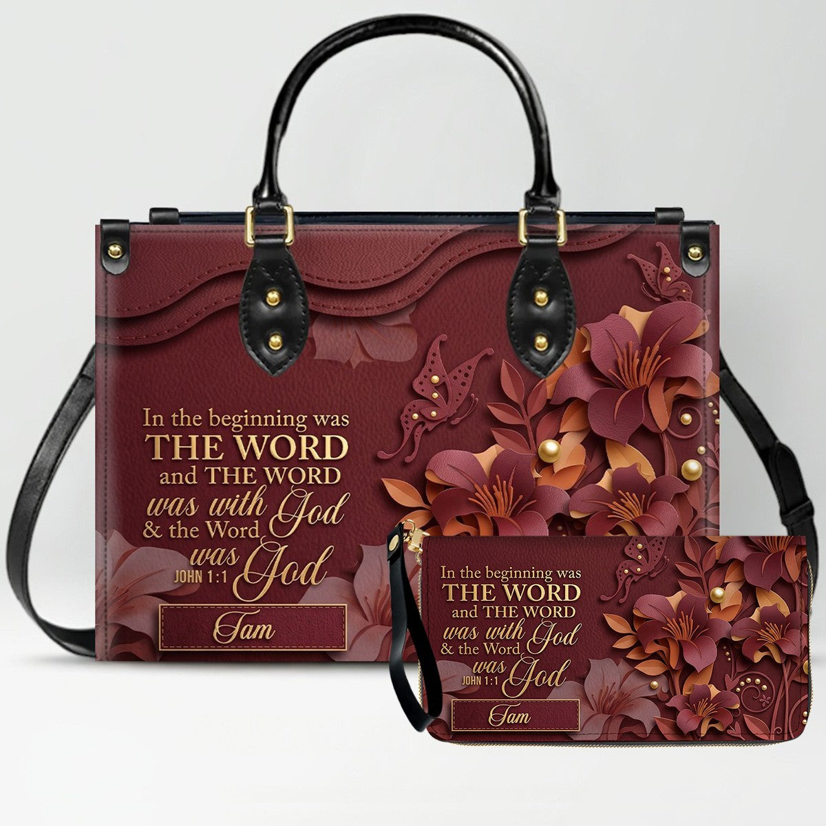 Custom Christian Leather Handbag with Name – John 1:1 Scripture Floral Purse | CHRISTIANARTBAG CA01100726