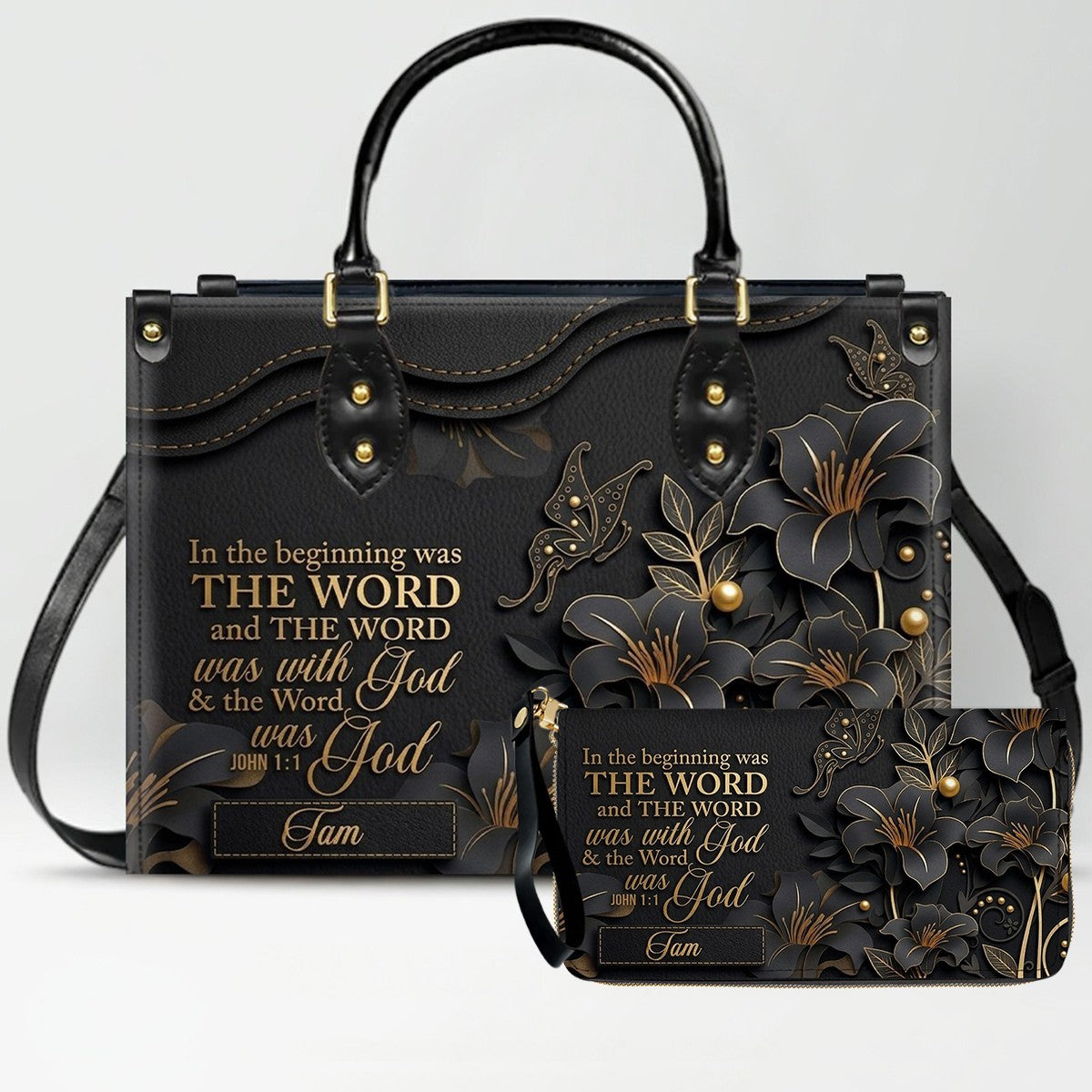 Custom Christian Leather Handbag with Name – John 1:1 Scripture Floral Purse | CHRISTIANARTBAG CA01100726