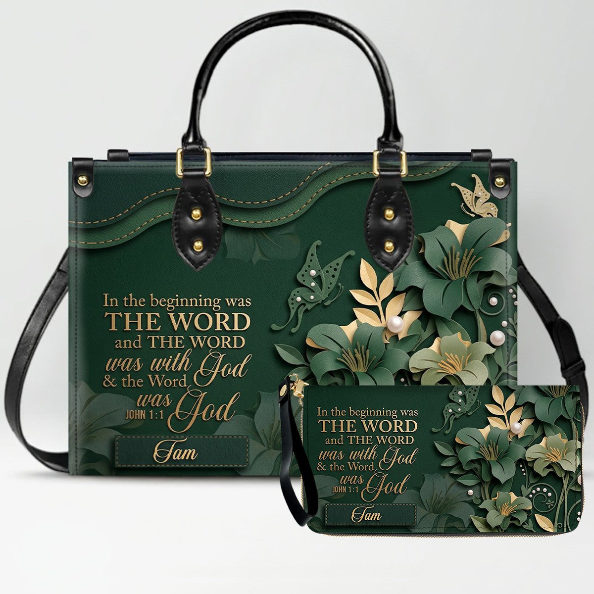 Custom Christian Leather Handbag with Name – John 1:1 Scripture Floral Purse | CHRISTIANARTBAG CA01100726