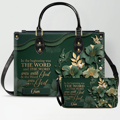 Custom Christian Leather Handbag with Name – John 1:1 Scripture Floral Purse | CHRISTIANARTBAG CA01100726