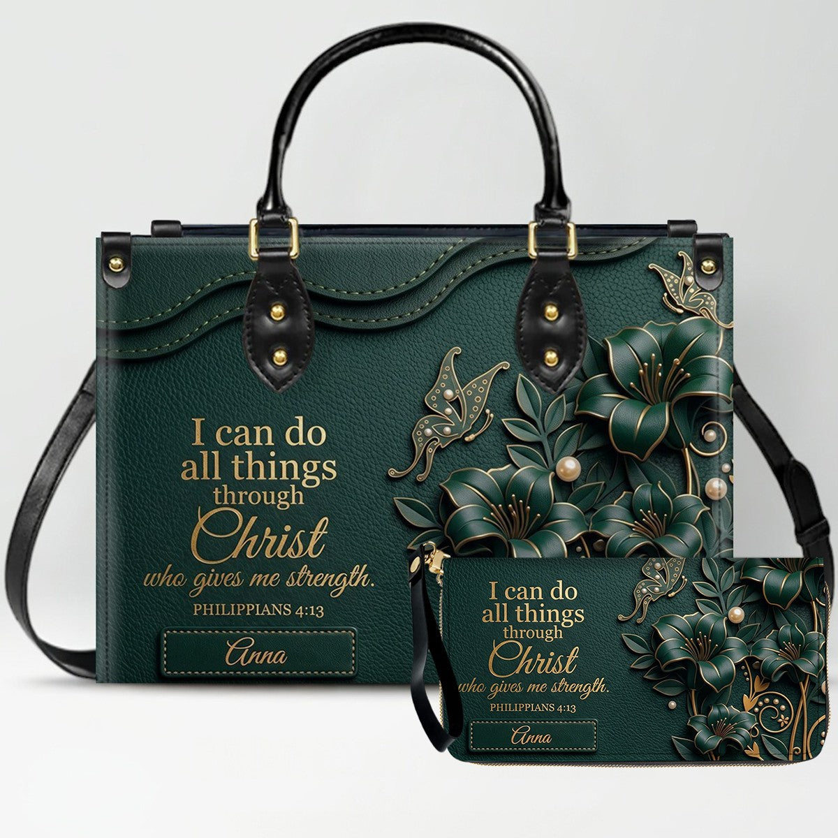 Personalized Leather Handbag - Custom Name Christian Bible Verse Philippians 4:13 Floral Butterfly Tote Bag | CHRISTIANARTBAG CA02100926