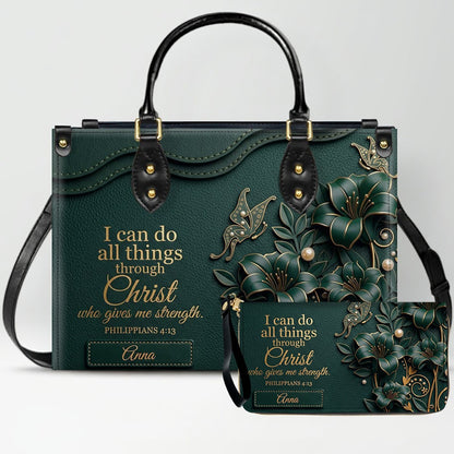 Personalized Leather Handbag - Custom Name Christian Bible Verse Philippians 4:13 Floral Butterfly Tote Bag | CHRISTIANARTBAG CA02100926