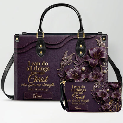 Personalized Leather Handbag - Custom Name Christian Bible Verse Philippians 4:13 Floral Butterfly Tote Bag | CHRISTIANARTBAG CA01101826