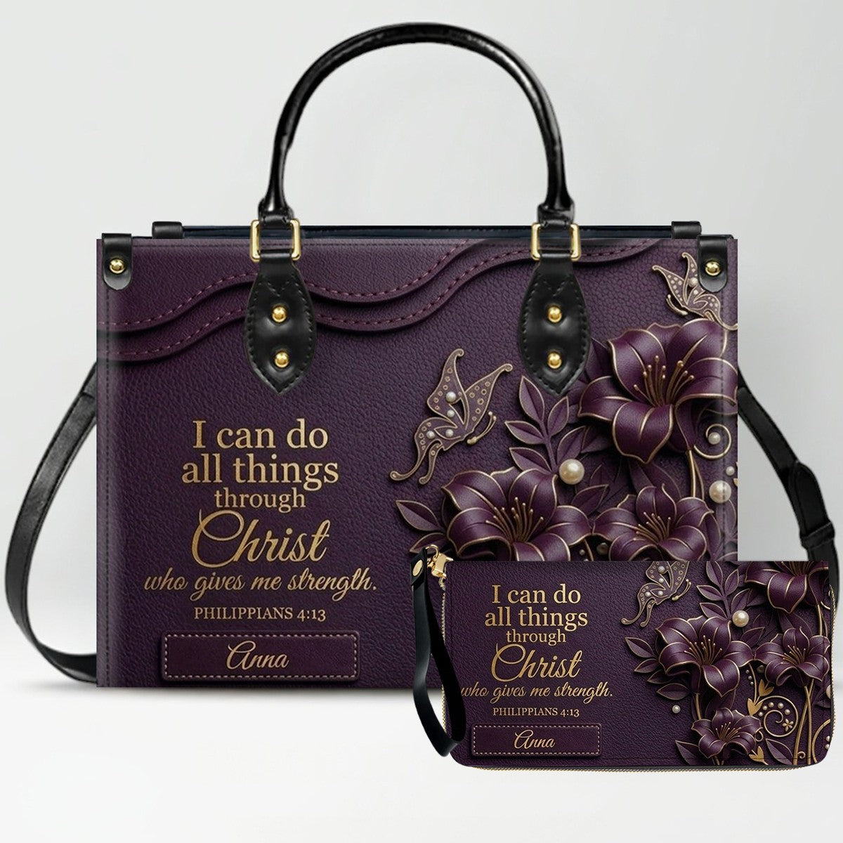 Personalized Leather Handbag - Custom Name Christian Bible Verse Philippians 4:13 Floral Butterfly Tote Bag | CHRISTIANARTBAG CA01100926