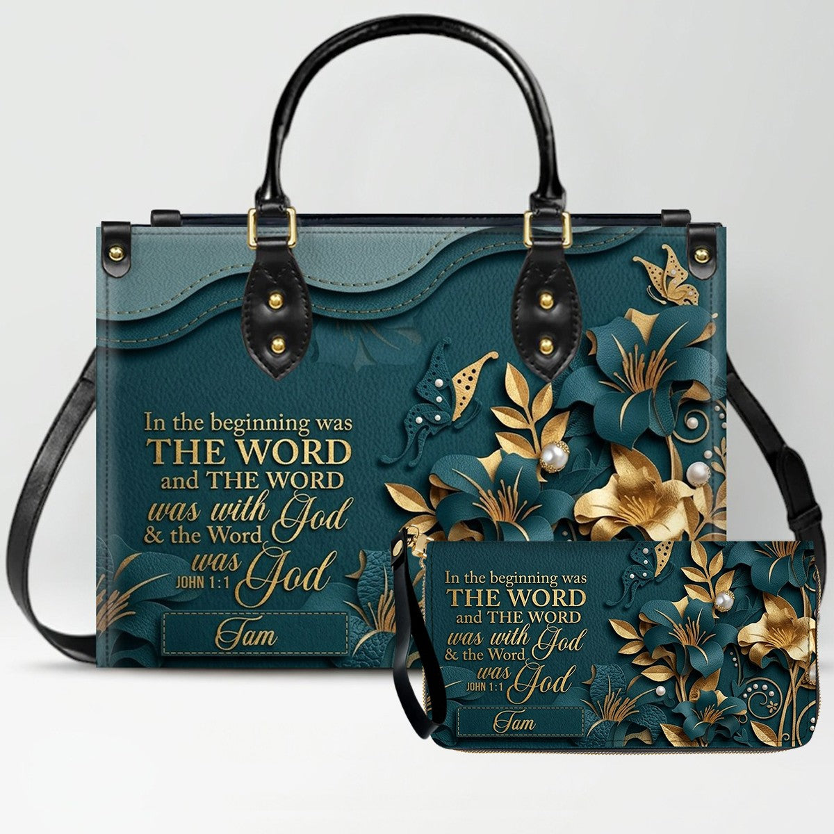 Custom Christian Leather Handbag with Name – John 1:1 Scripture Floral Purse | CHRISTIANARTBAG CA01100726