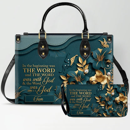 Custom Christian Leather Handbag with Name – John 1:1 Scripture Floral Purse | CHRISTIANARTBAG CA01100726