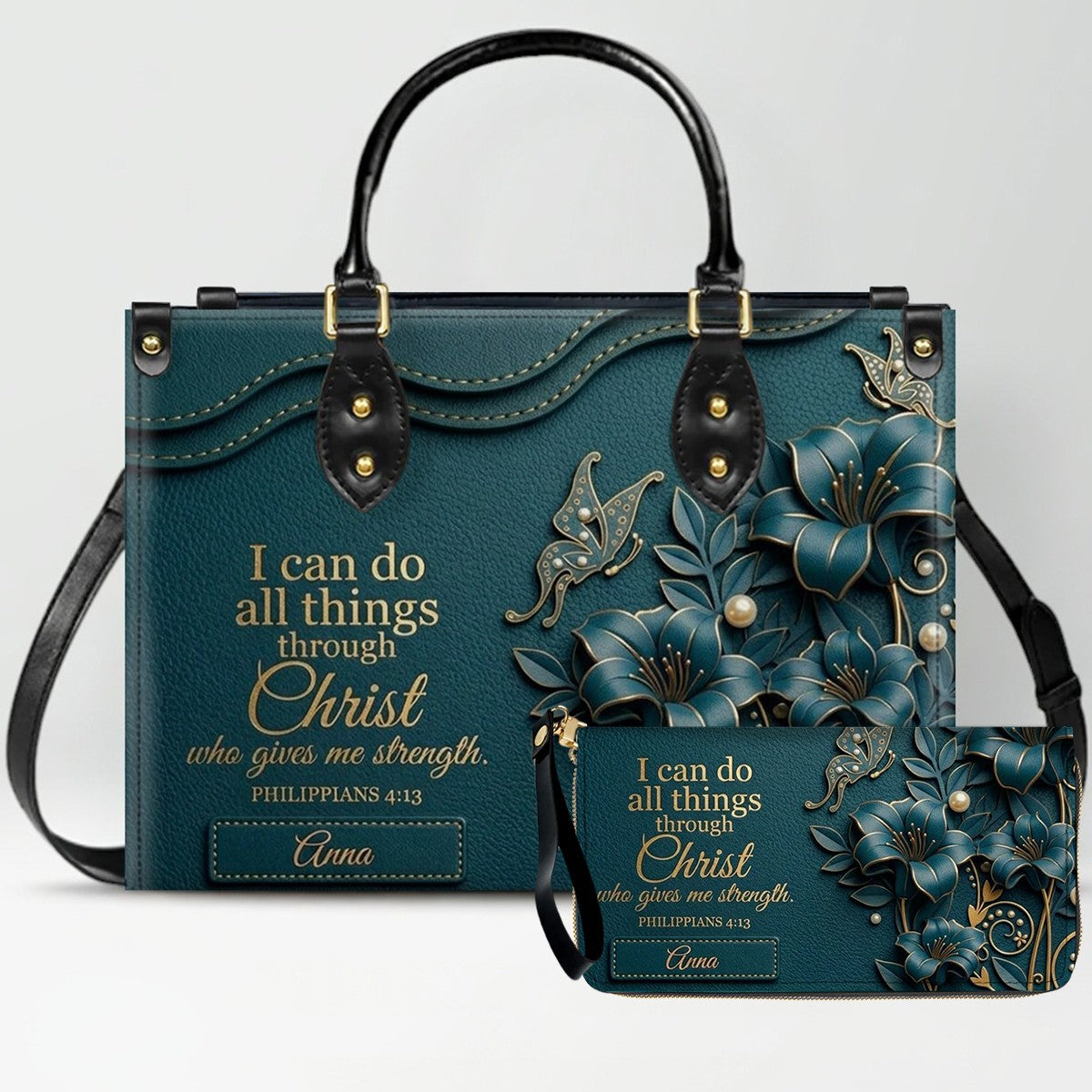 Personalized Leather Handbag - Custom Name Christian Bible Verse Philippians 4:13 Floral Butterfly Tote Bag | CHRISTIANARTBAG CA02100926