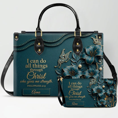 Personalized Leather Handbag - Custom Name Christian Bible Verse Philippians 4:13 Floral Butterfly Tote Bag | CHRISTIANARTBAG CA02100926