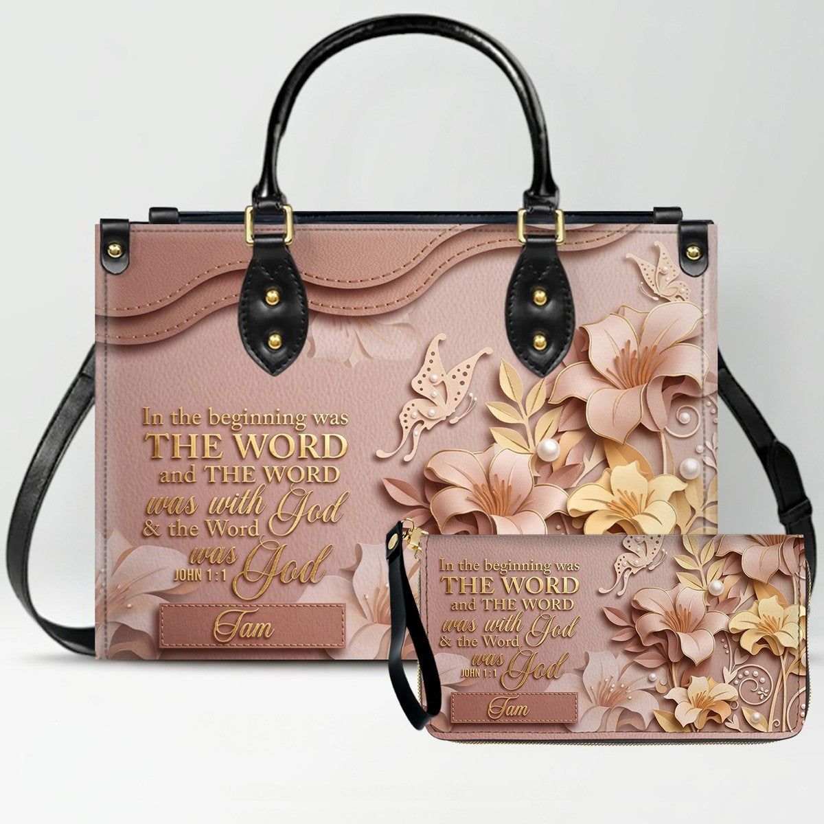 Custom Christian Leather Handbag with Name – John 1:1 Scripture Floral Purse | CHRISTIANARTBAG CA01100726