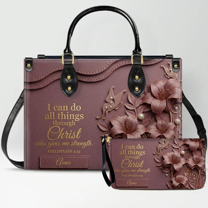 Personalized Leather Handbag - Custom Name Christian Bible Verse Philippians 4:13 Floral Butterfly Tote Bag | CHRISTIANARTBAG CA02100926