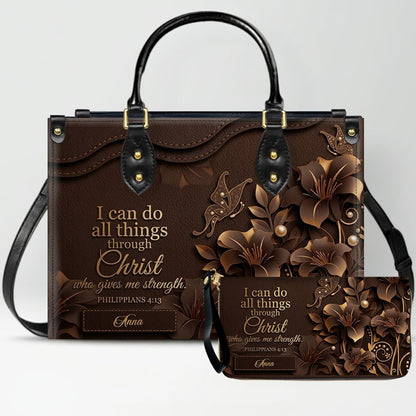 Personalized Leather Handbag - Custom Name Christian Bible Verse Philippians 4:13 Floral Butterfly Tote Bag | CHRISTIANARTBAG CA01101826