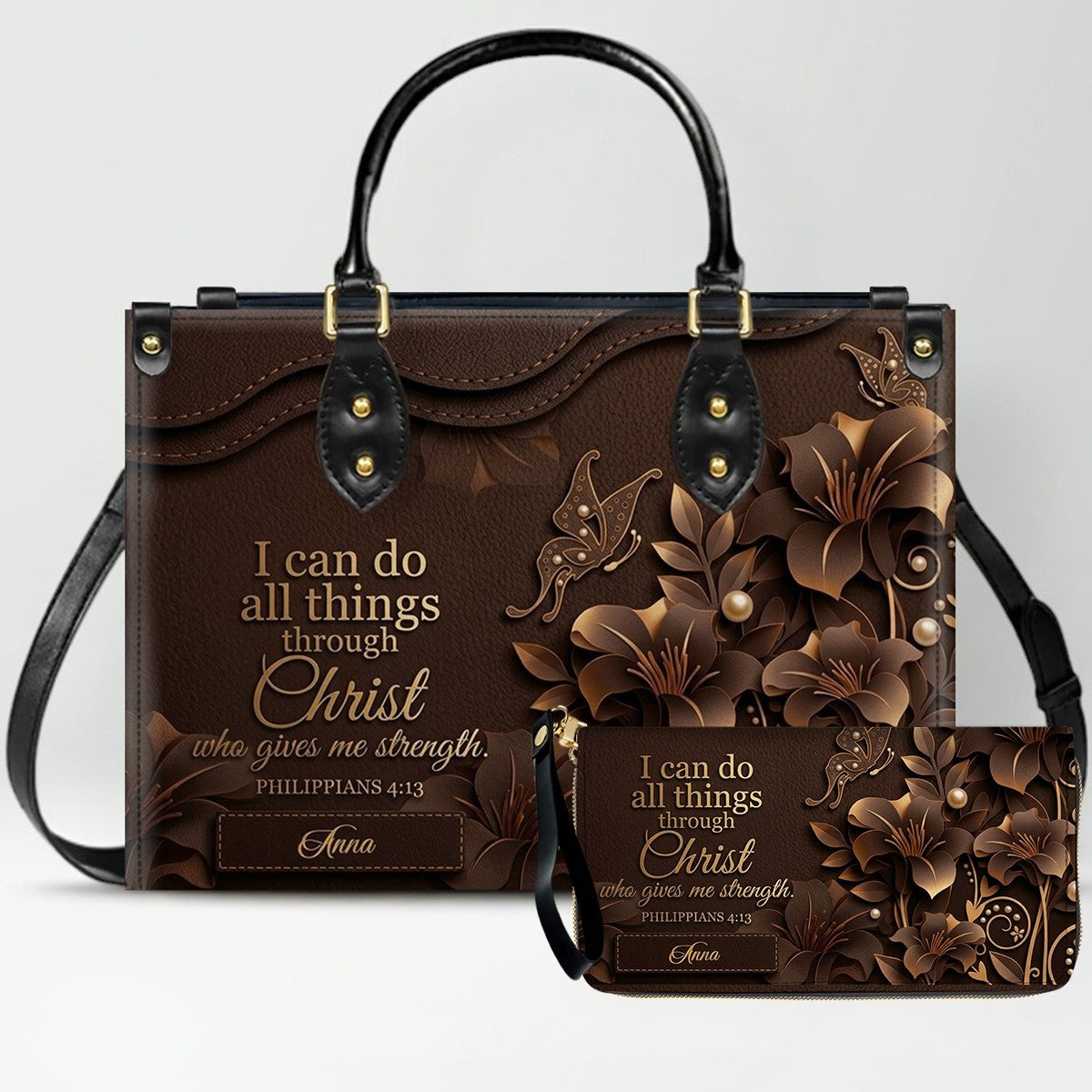 Personalized Leather Handbag - Custom Name Christian Bible Verse Philippians 4:13 Floral Butterfly Tote Bag | CHRISTIANARTBAG CA01100926
