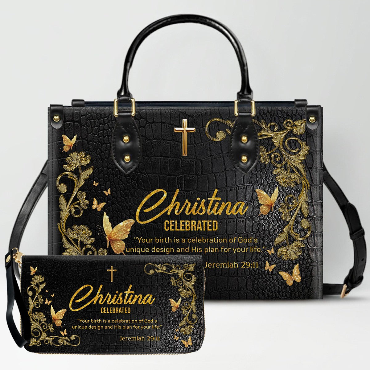 Personalized Leather Handbag With Long Wallet - Uncover the sacred meaning of your name - Custom Name & Color - CAB020626