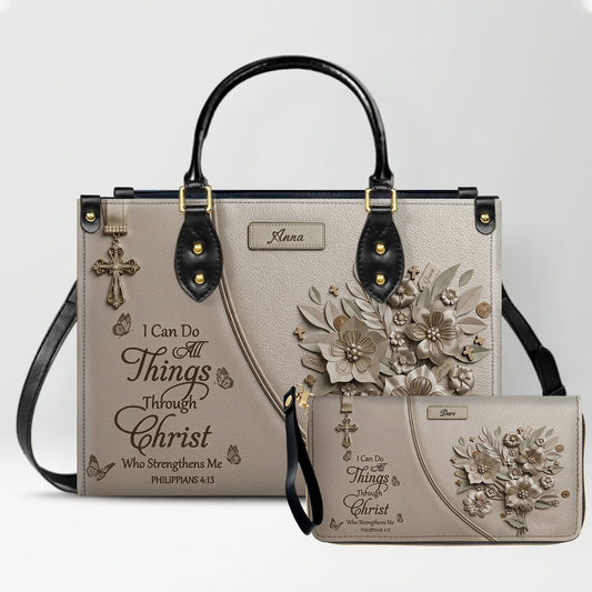 Custom Name Greige Leather Handbag | "I Can Do All Things Through Christ" Floral Design | CHRISTIANARTBAG 01070326