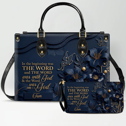 Custom Christian Leather Handbag with Name – John 1:1 Scripture Floral Purse | CHRISTIANARTBAG CA01100726