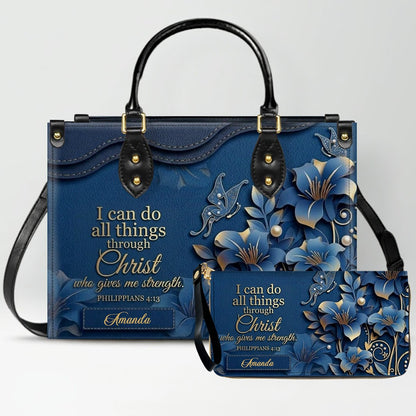 Personalized Leather Handbag - Custom Name Christian Bible Verse Philippians 4:13 Floral Butterfly Tote Bag | CHRISTIANARTBAG CA02100926
