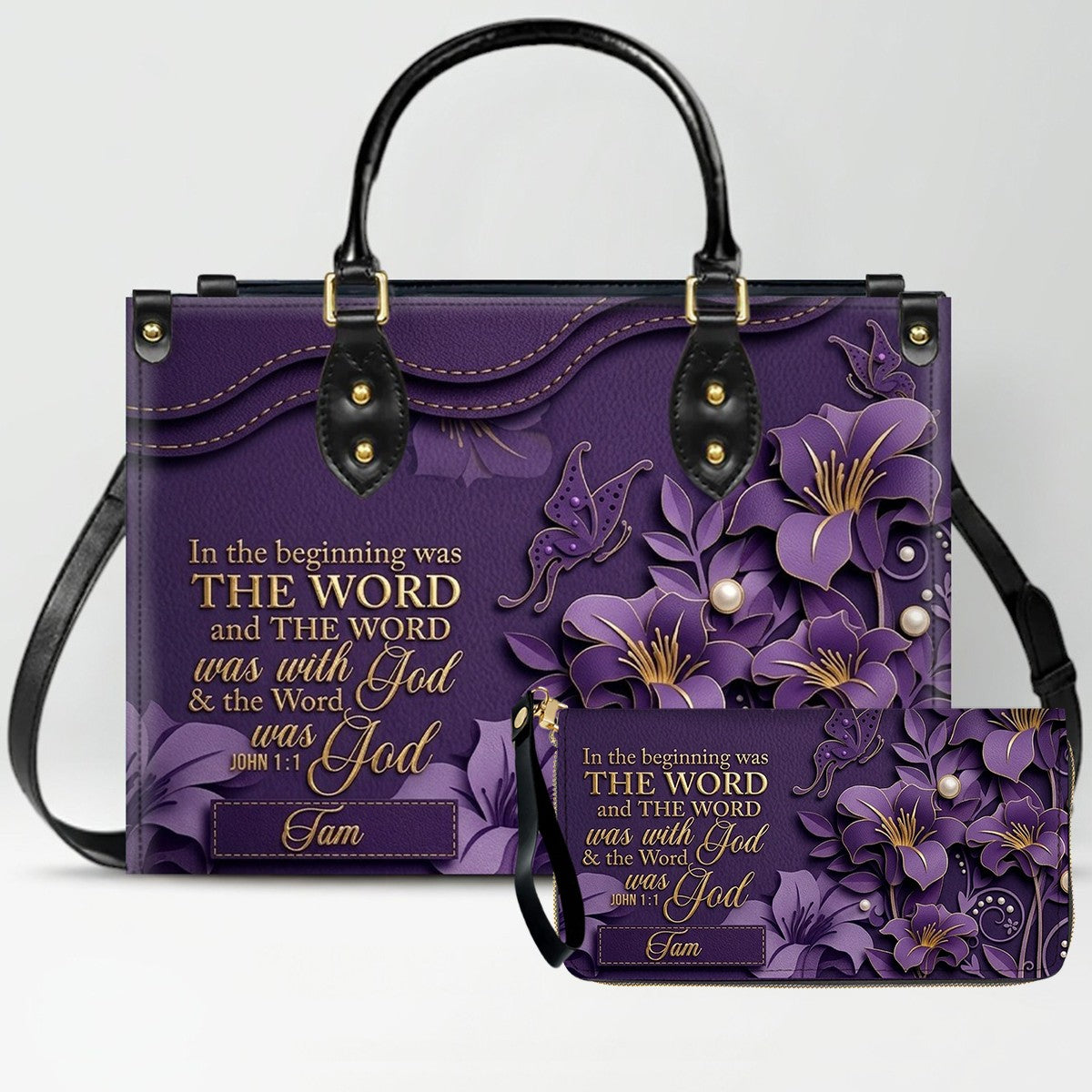 Custom Christian Leather Handbag with Name – John 1:1 Scripture Floral Purse | CHRISTIANARTBAG CA01100726