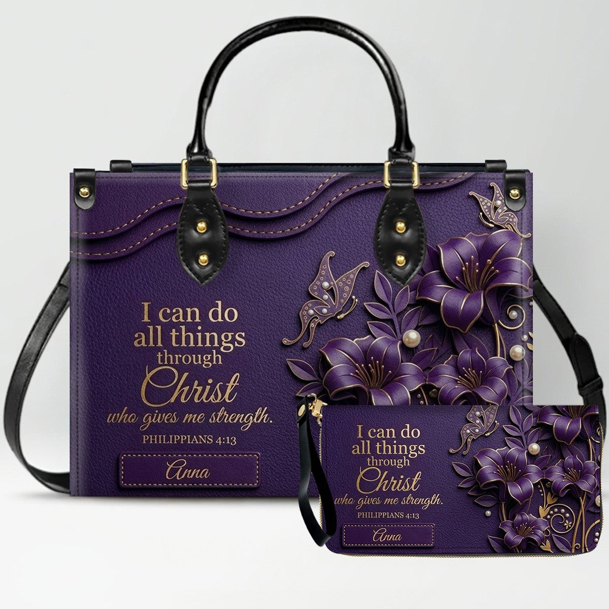 Personalized Leather Handbag - Custom Name Christian Bible Verse Philippians 4:13 Floral Butterfly Tote Bag | CHRISTIANARTBAG CA02100926