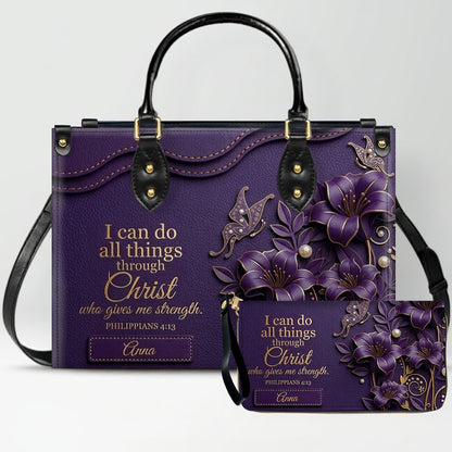 Personalized Leather Handbag - Custom Name Christian Bible Verse Philippians 4:13 Floral Butterfly Tote Bag | CHRISTIANARTBAG CA01100926