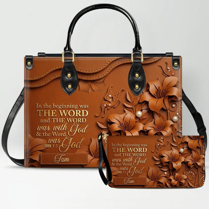 Custom Christian Leather Handbag with Name – John 1:1 Scripture Floral Purse | CHRISTIANARTBAG CA01100726
