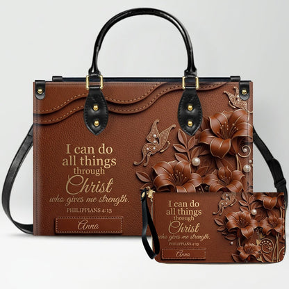 Personalized Leather Handbag - Custom Name Christian Bible Verse Philippians 4:13 Floral Butterfly Tote Bag | CHRISTIANARTBAG CA01101826