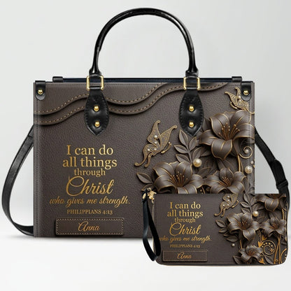 Personalized Leather Handbag - Custom Name Christian Bible Verse Philippians 4:13 Floral Butterfly Tote Bag | CHRISTIANARTBAG CA01100926