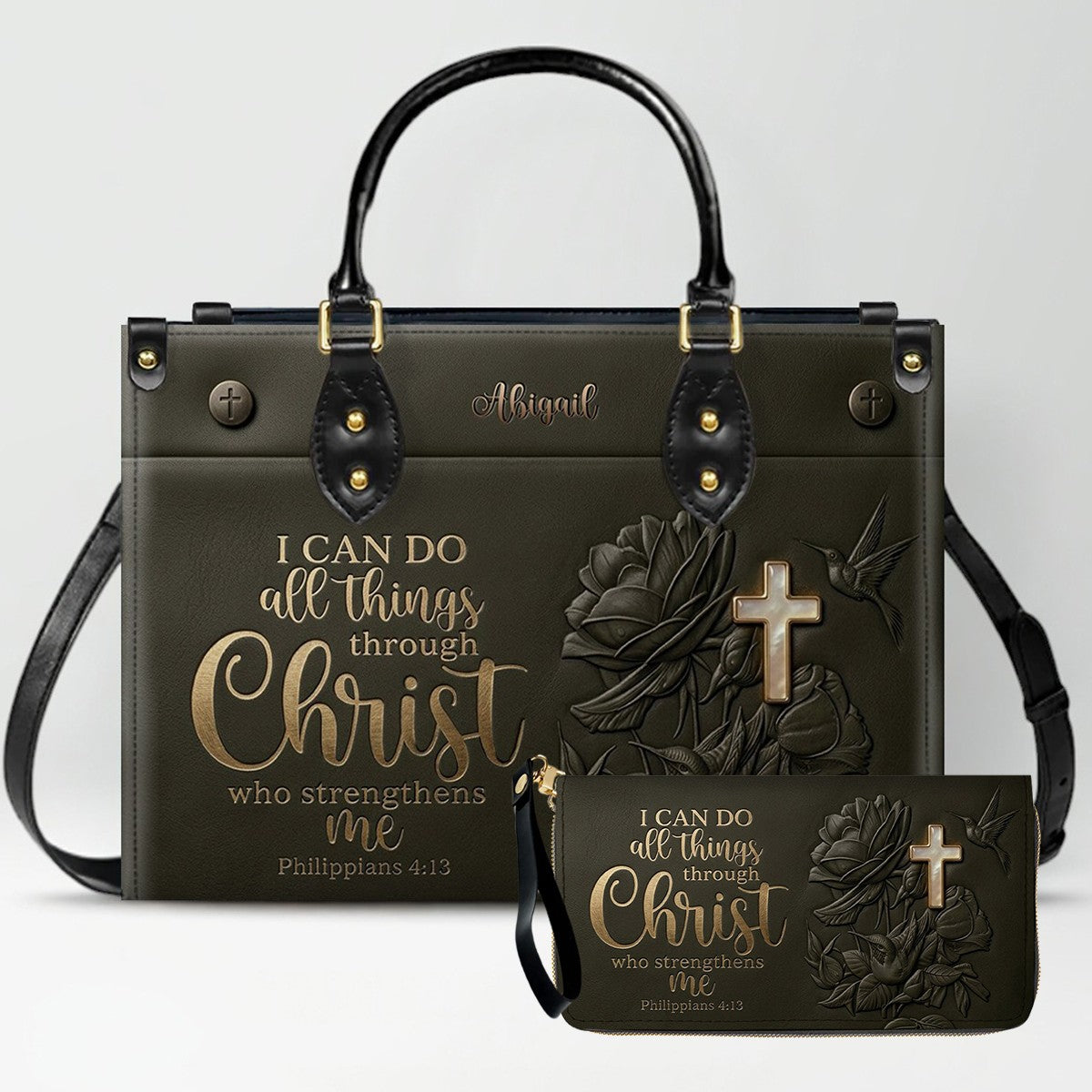 Custom Name Christian Leather Handbag & Wallet Set - Personalized Bible Verse Tote Bag | CHRISTIANARTBAG 01072726