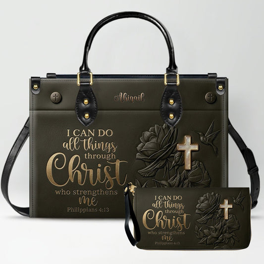 Personalized Leather Handbag for Christian Women - Custom Name "I Can Do All Things" Floral Cross Leather Purse | CHRISTIANARTBAG 01072126