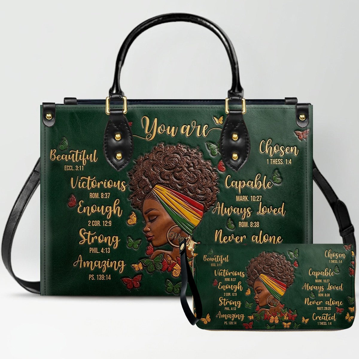 CHRISTIANARTBAG Personalized Leather Handbag - Custom Maya Green | African American Christian Gifts "You Are Beautiful" Bible Verse Shoulder Bag