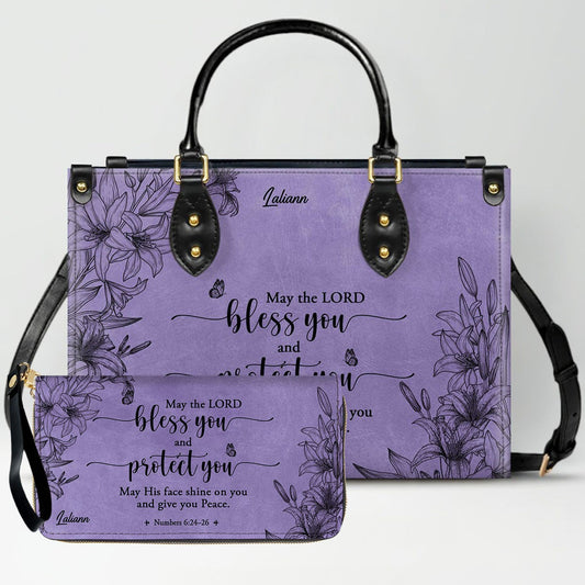 CHRISTIANARTBAG Personalized Purple SET Leather Bag With Wallet - Custom Bible Verse Handbag - Floral Christian Gifts for Her - Numbers 6:24-26 Blessing Tote