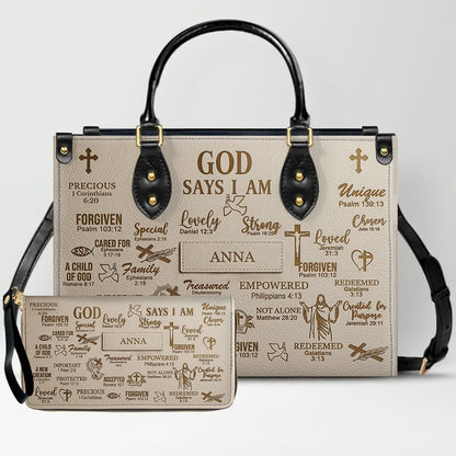 Personalized Christian Leather Handbag - Custom Name God Says I Am Bible Verse Tote Bag | CHRISTIANARTBAG 01072126