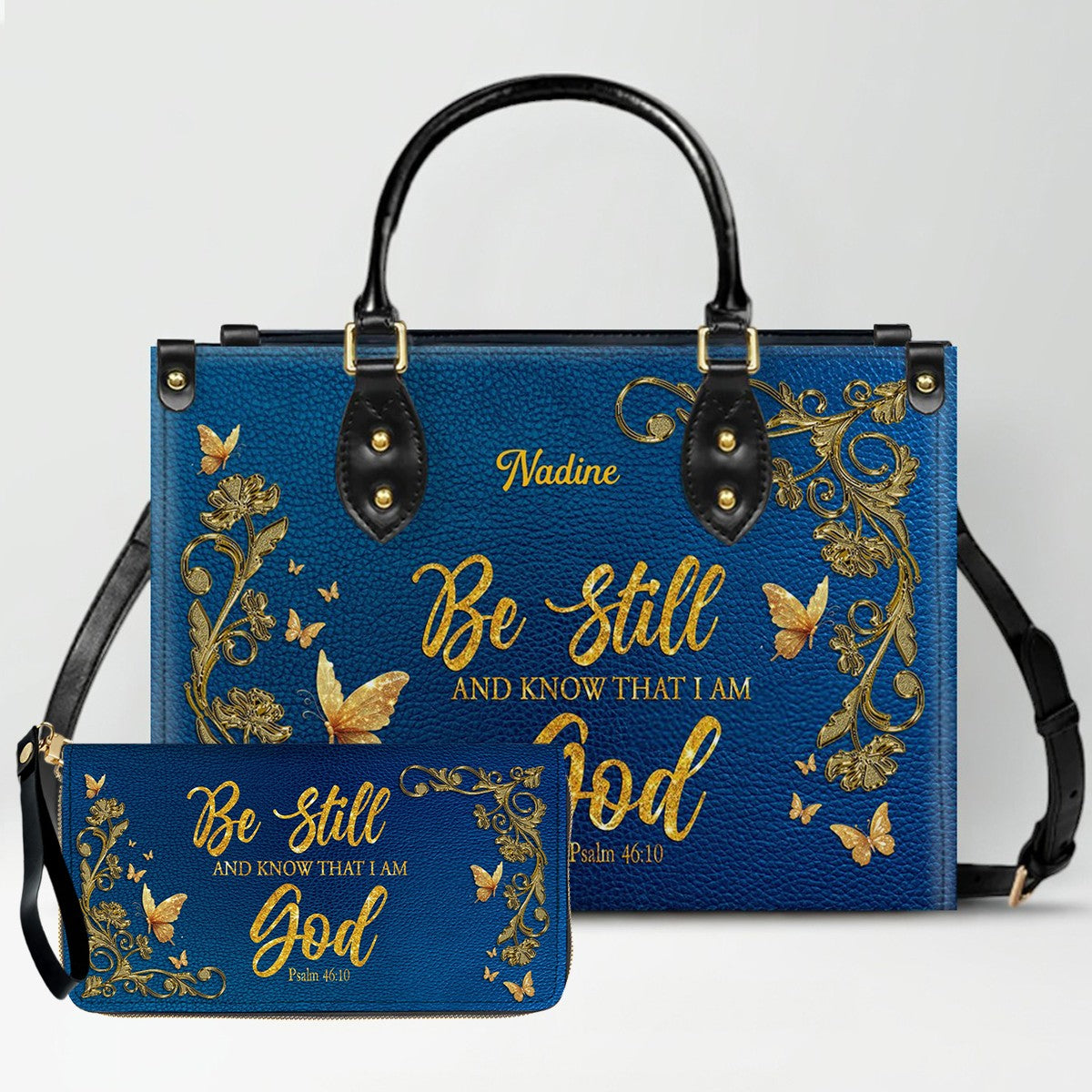 Personalized Christian Leather Handbag – Gold Navy Bible Verse Tote for Women | CHRISTIANARTBAG CAB01122525